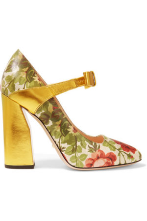 Yellow floral Spring trend featured by top high end fashion blog, A Few Goody Gumdrops: image of Gucci for Net a Porter floral yellow pumps.