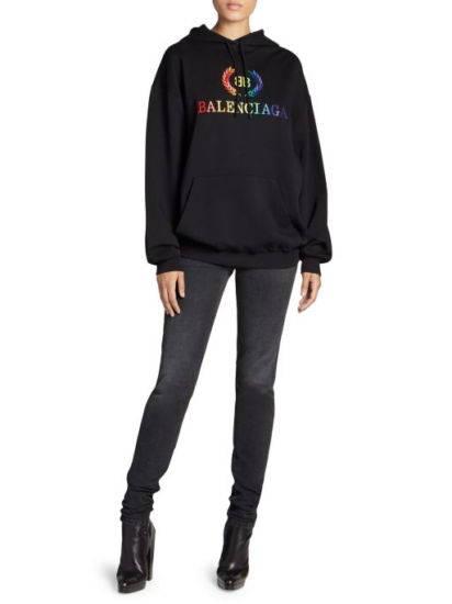 High end fashion blogger, A Few Goody Gumdrops shares her obsession for designer logo sweatshirts: image of a Balenciaga rainbow sweatshirt