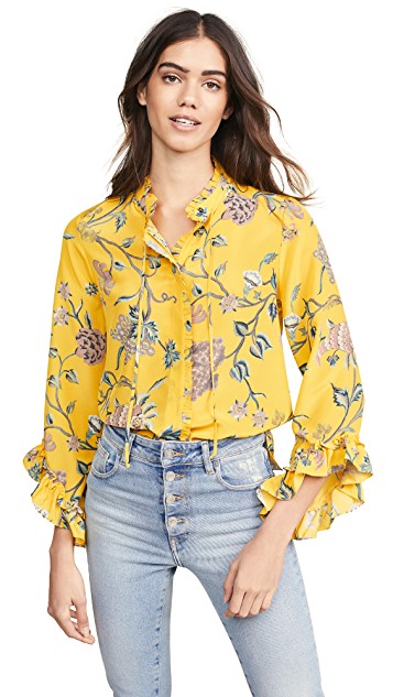 Yellow floral Spring trend featured by top high end fashion blog, A Few Goody Gumdrops: image of a woman wearing a Kobi Halperin yellow floral dress