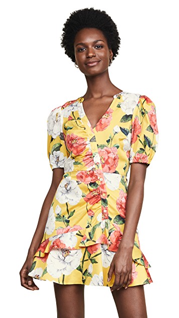 Yellow floral Spring trend featured by top high end fashion blog, A Few Goody Gumdrops: image of a woman wearing a Parker yellow floral dress