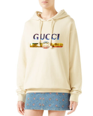 High end fashion blogger, A Few Goody Gumdrops shares her obsession for designer logo sweatshirts: image of a Gucci sweatshirt