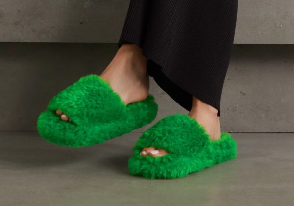 green shearling slides